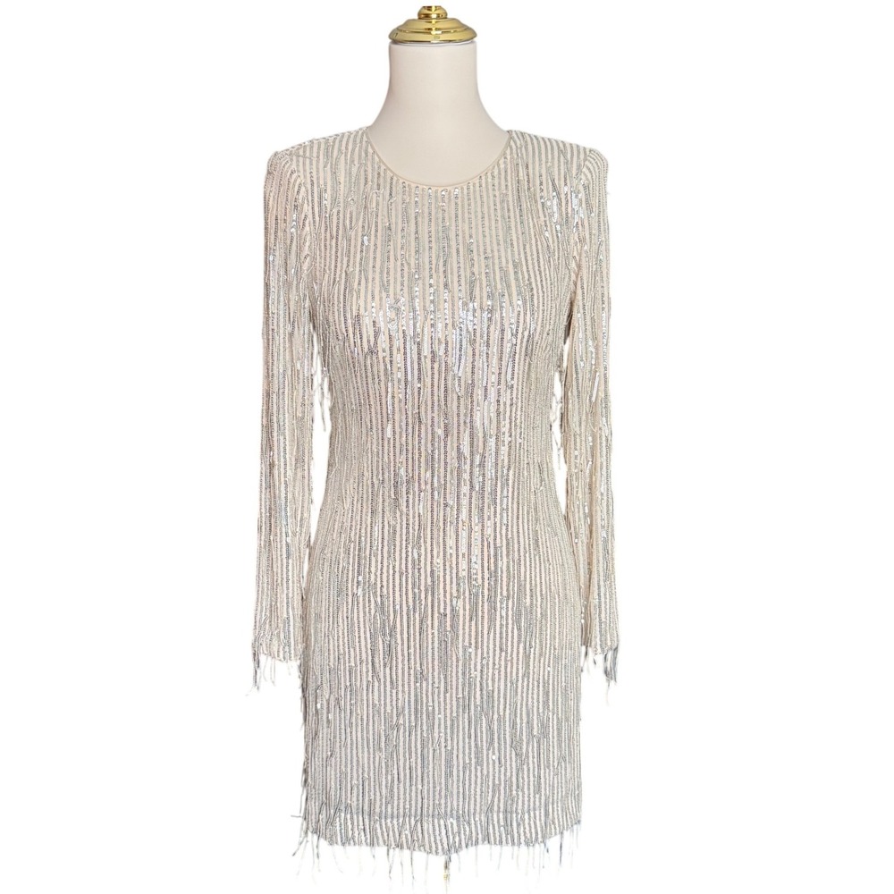 Eliza J Silver Sequin Fringe Long Sleeve Mini Dress Champagne Womens 6P Petite